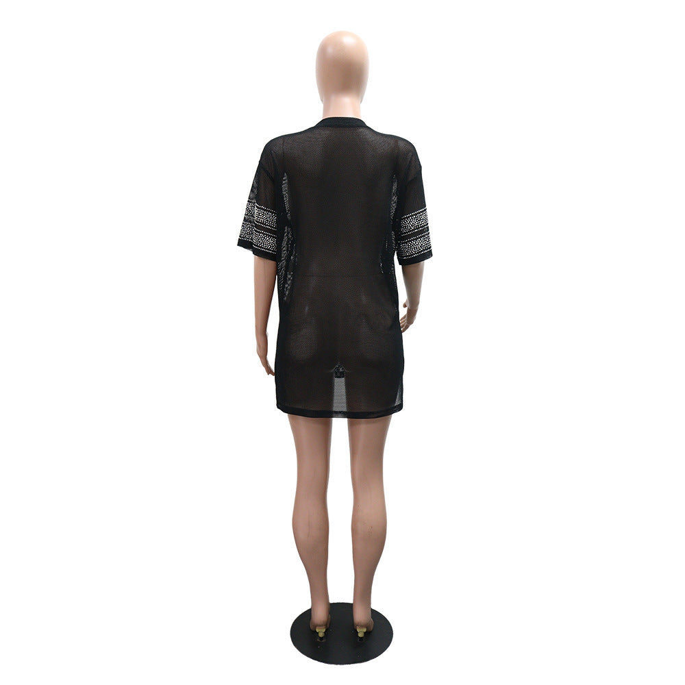 Women See-Through Round Neck Sexy Slit Beaded Top 8