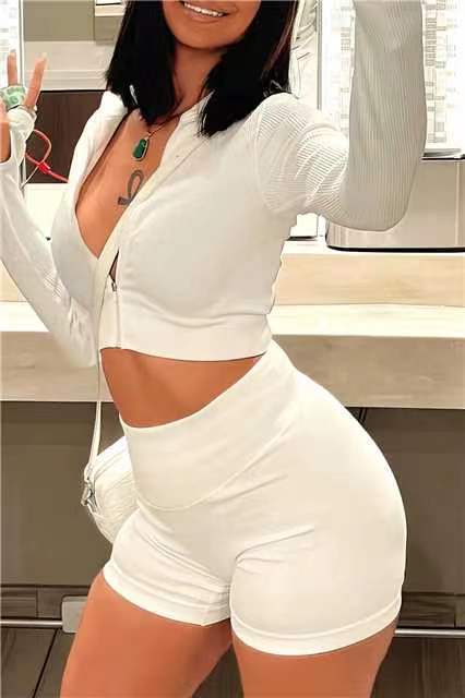 Women Zipper Top and Shorts Two-Piece Set 5