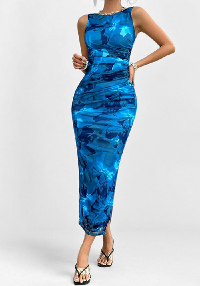 Women spring Summer Sleeveless Slit Sexy Print Dress