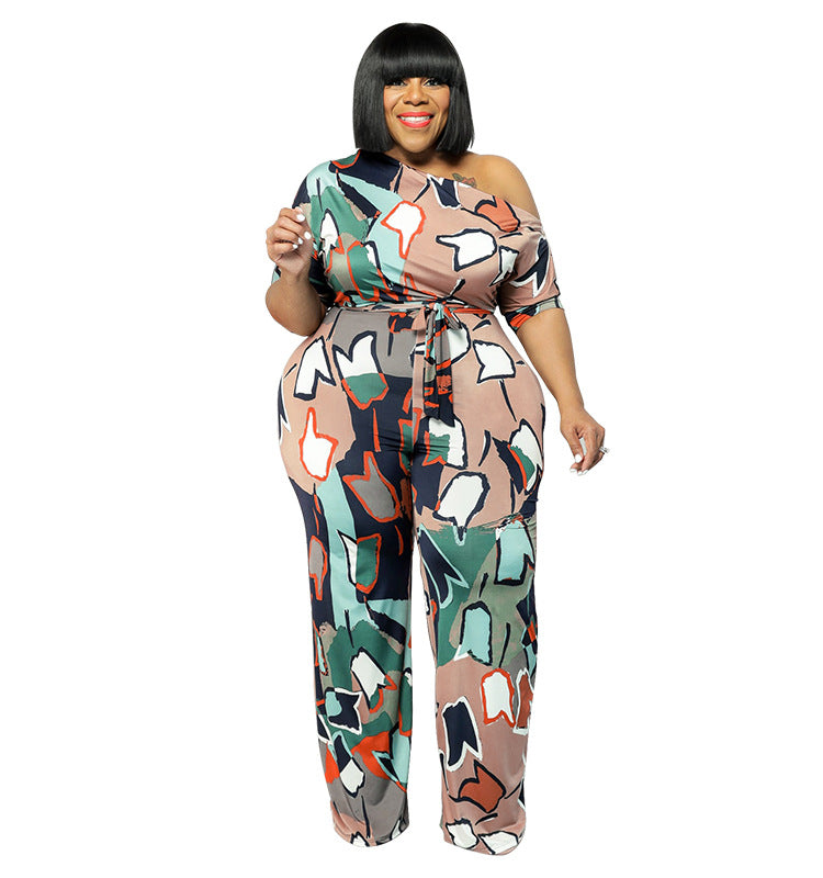Plus Size Women summer Slash Shoulder print Jumpsuit with belt 11