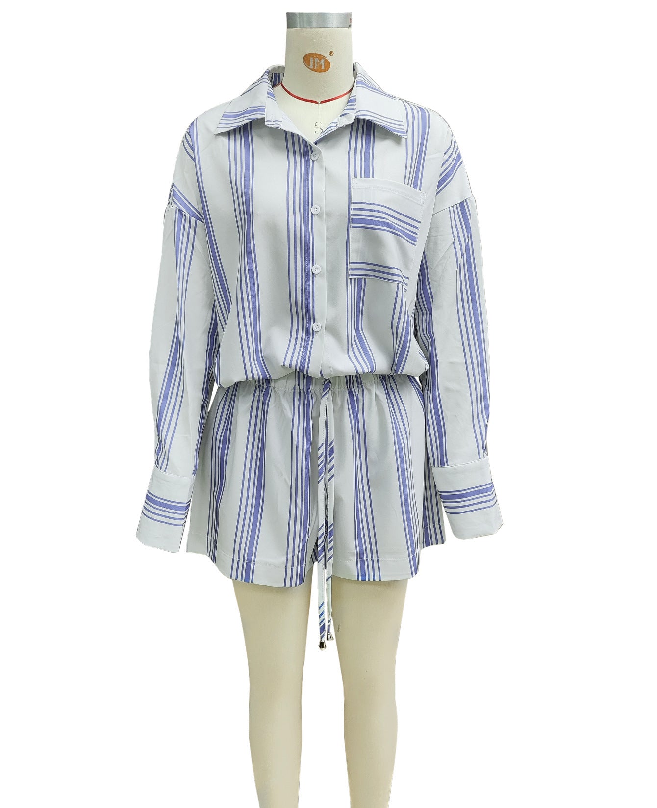 Women's Autumn Long Sleeve Shirt & Striped Shorts Casual Two-Piece Set