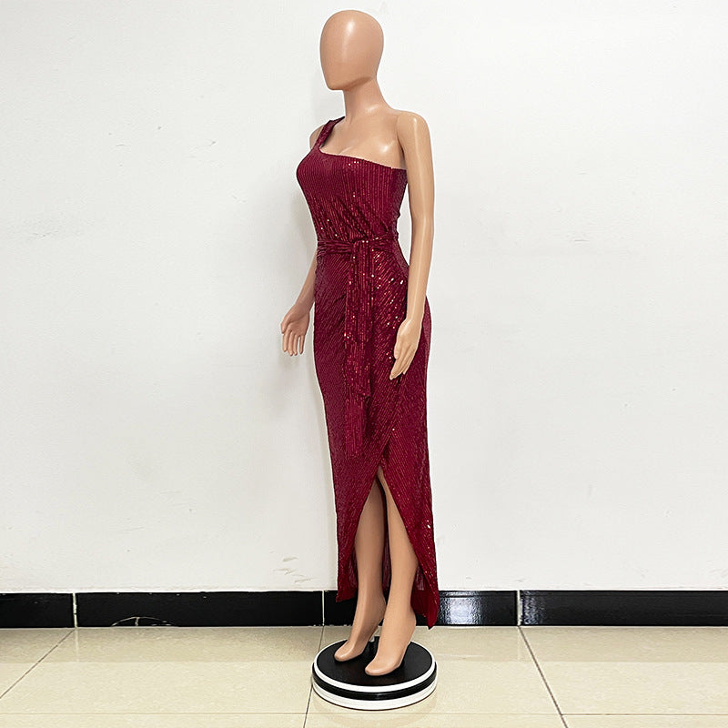 Women's One-Shoulder Lace-Up Sequined Evening Dress 55