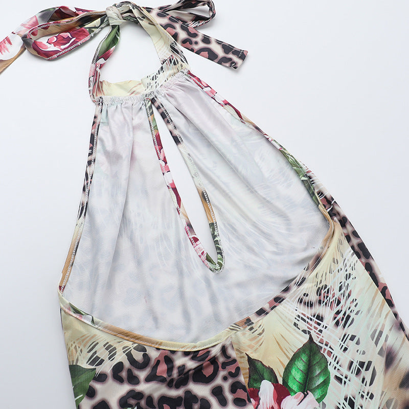 Summer Low Back Halter Neck Printed Hollow Short Dress 13