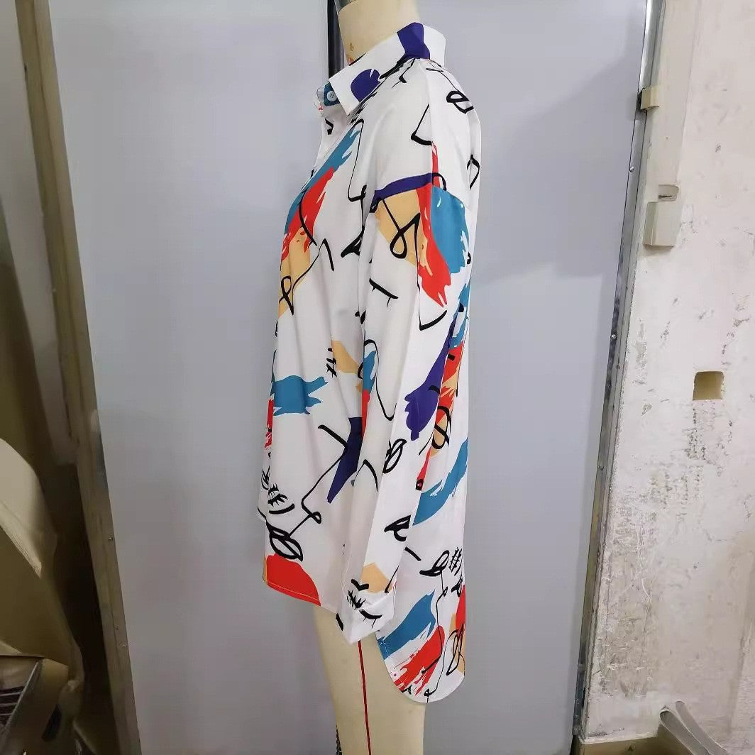 Fashionable printed long sleeve tops loose casual women's shirts 6