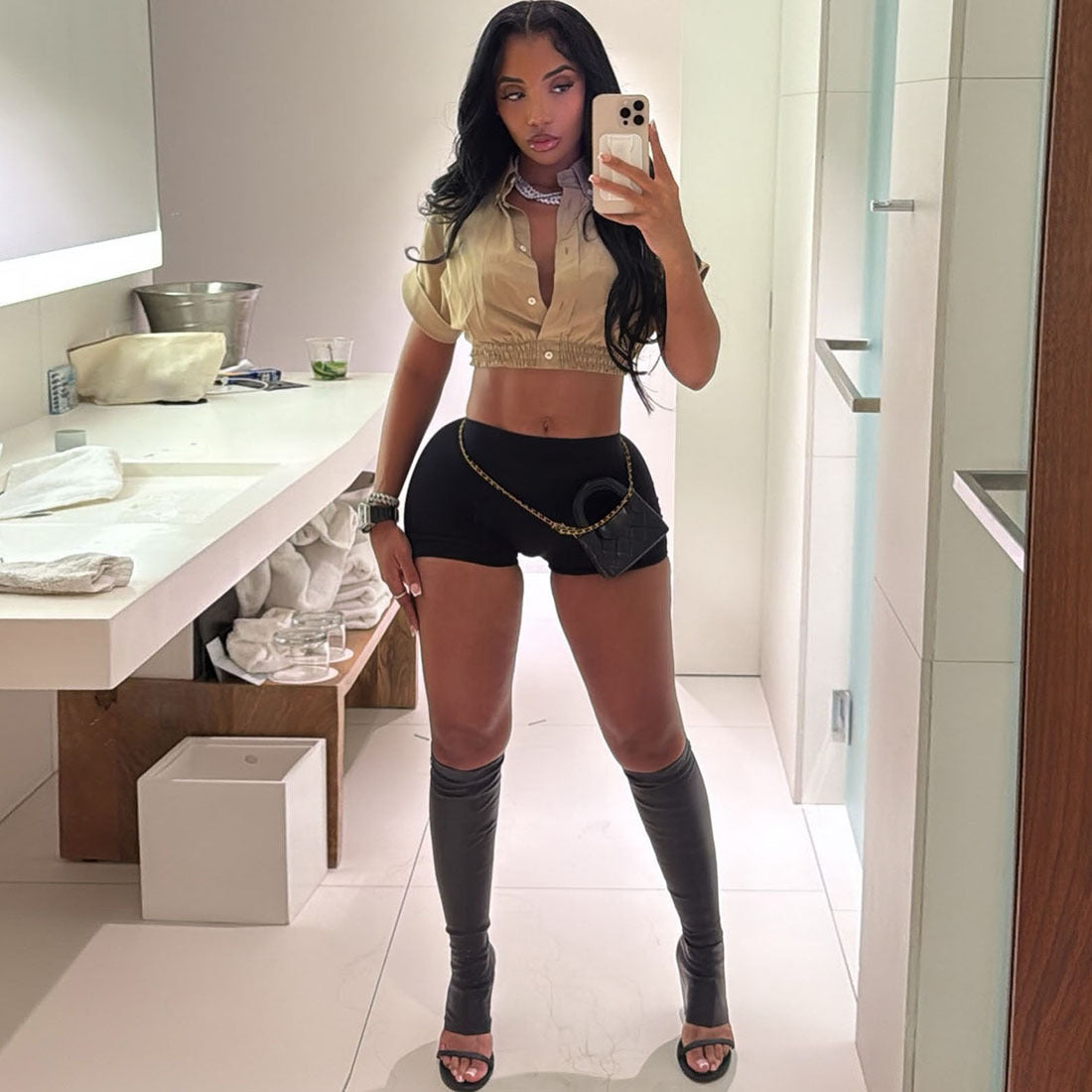 Women Summer Rolled-Hem Short-Sleeve Crop Shirt and Solid Shorts Two-Piece Set