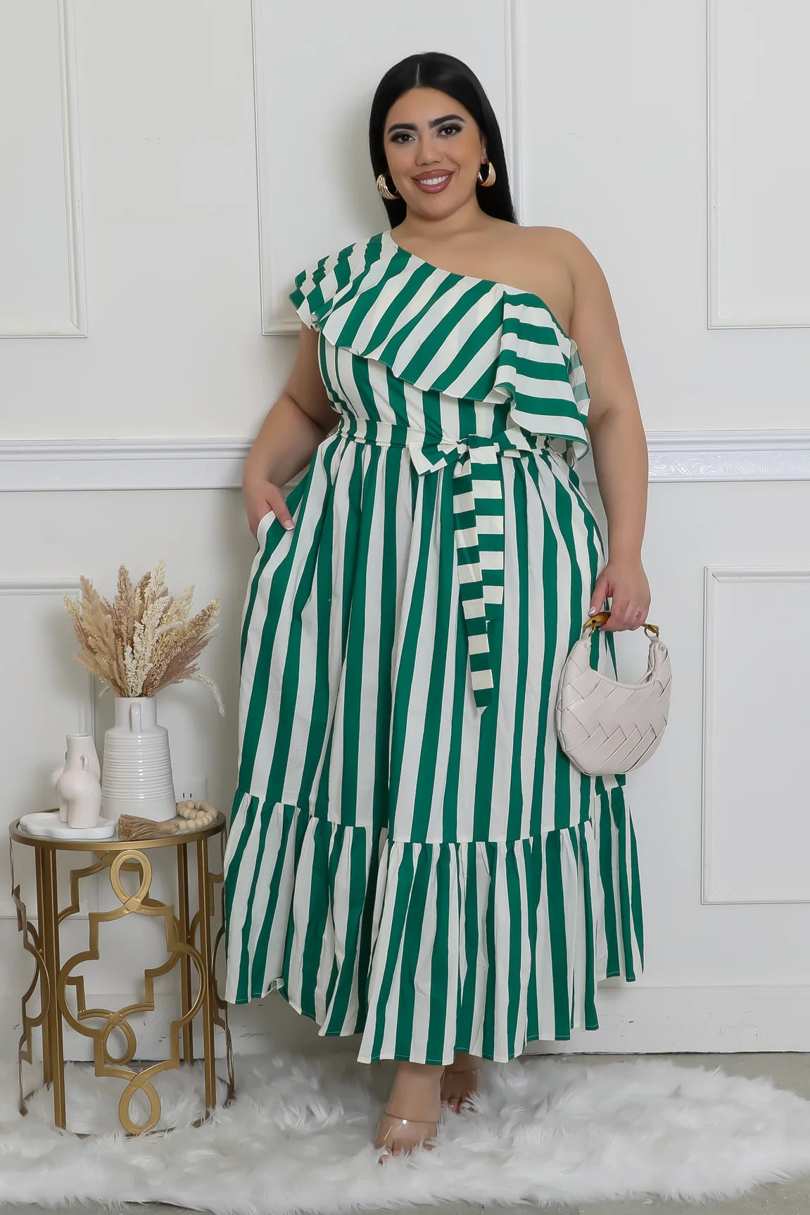 Women Striped Slash Shoulder Dress 12