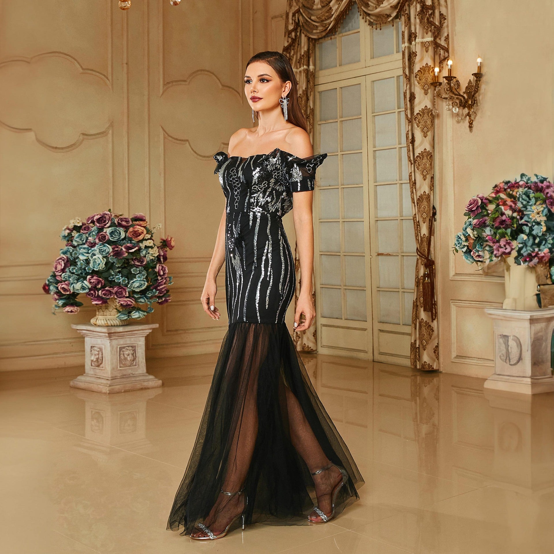 Chic Off Shoulder Sexy Sequin Mesh Patchwork Formal Party Fishtail Evening Dress Long Bridesmaid Dress 5