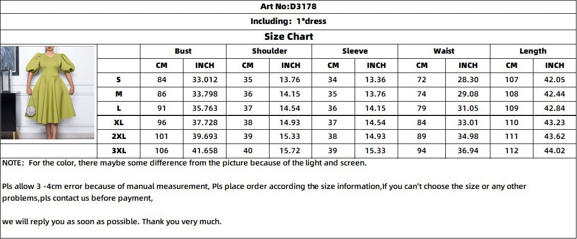 Retro Round Neck Chic Puff Sleeve Slim Waist A-Line Swing Party Dress 13