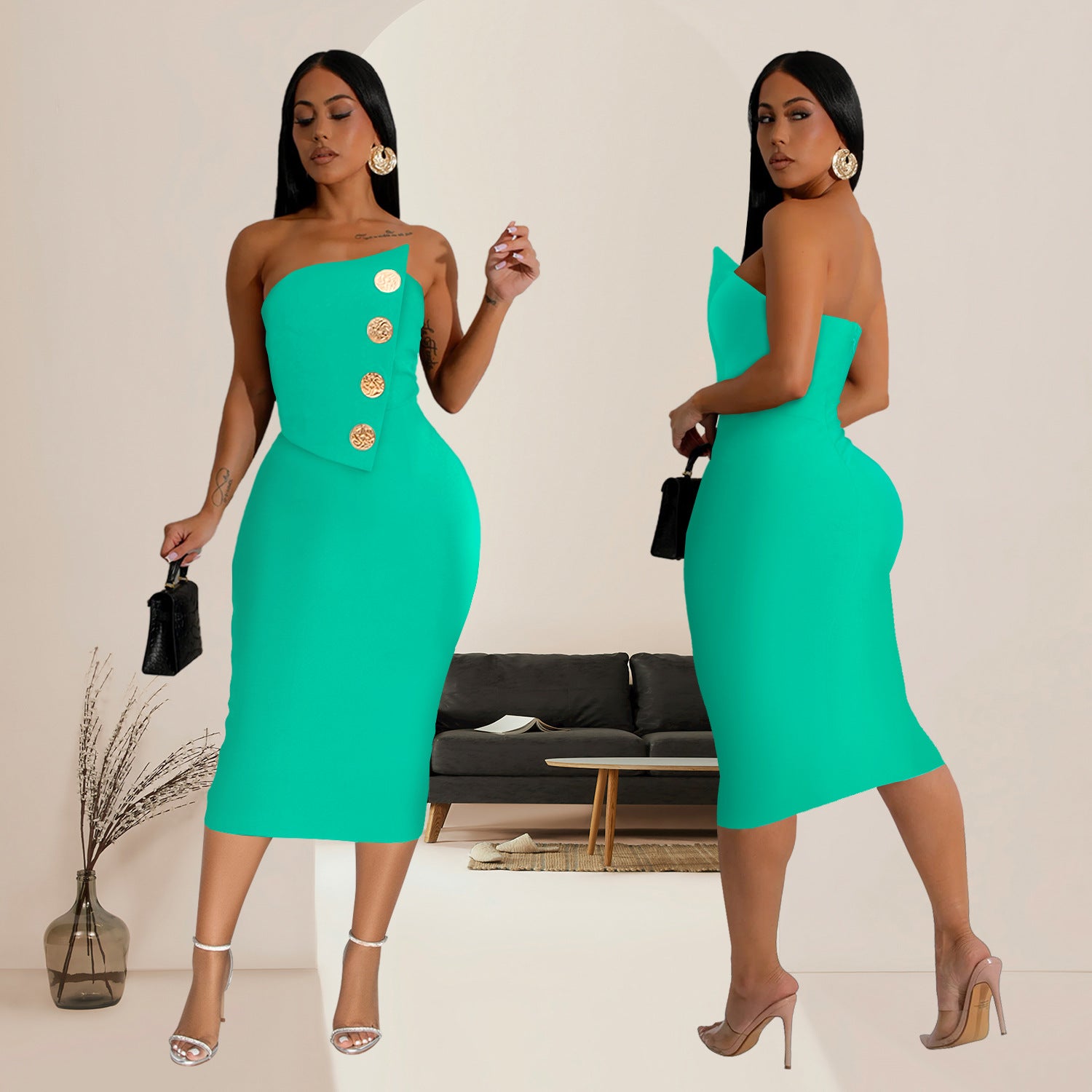 Fashion women's sexy Strapless button decoration dress 3
