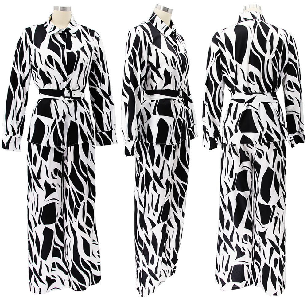 Women Irregular Printed Shirt and PantCasual Two-piece Set including Belt 8