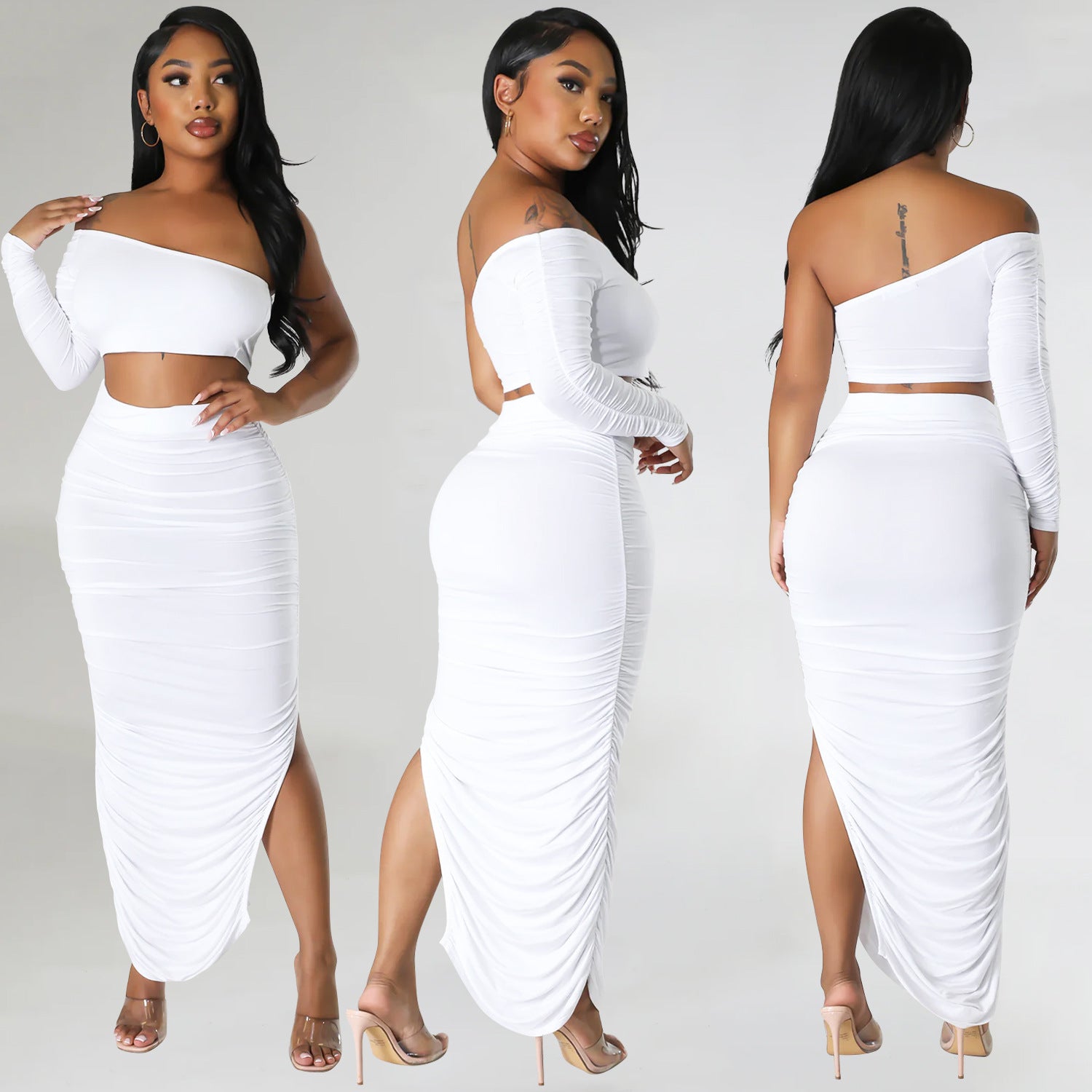 Summer One Shoulder Long Sleeve Women's Sexy Tight Fitting Ruched Irregular Two-Piece Skirt Set 3