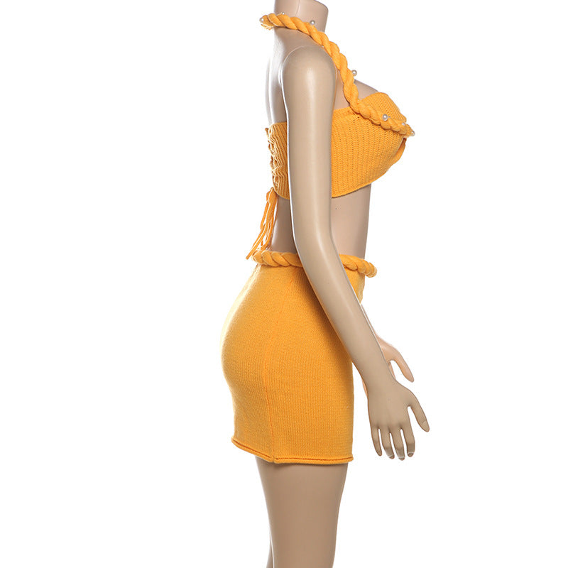 Women Spring Summer Sexy Halter Neck Lace Beaded Suspender Top and Skirt Two-Piece Set 7