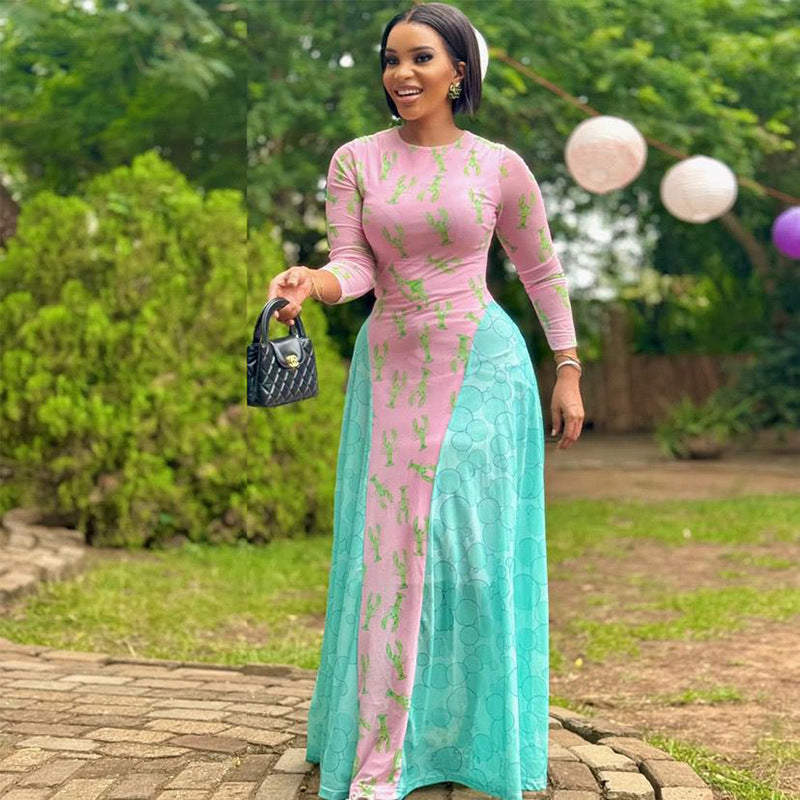 Women Patchwork Print Dress Round Neck Pleated Long-Sleeve Dress 5