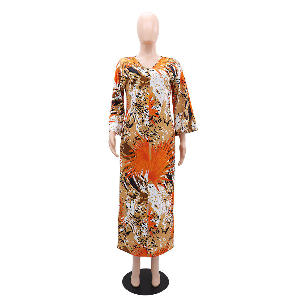 Fashion Print  V-Neck Long Sleeve Slit Casual Loose Long Dress 6