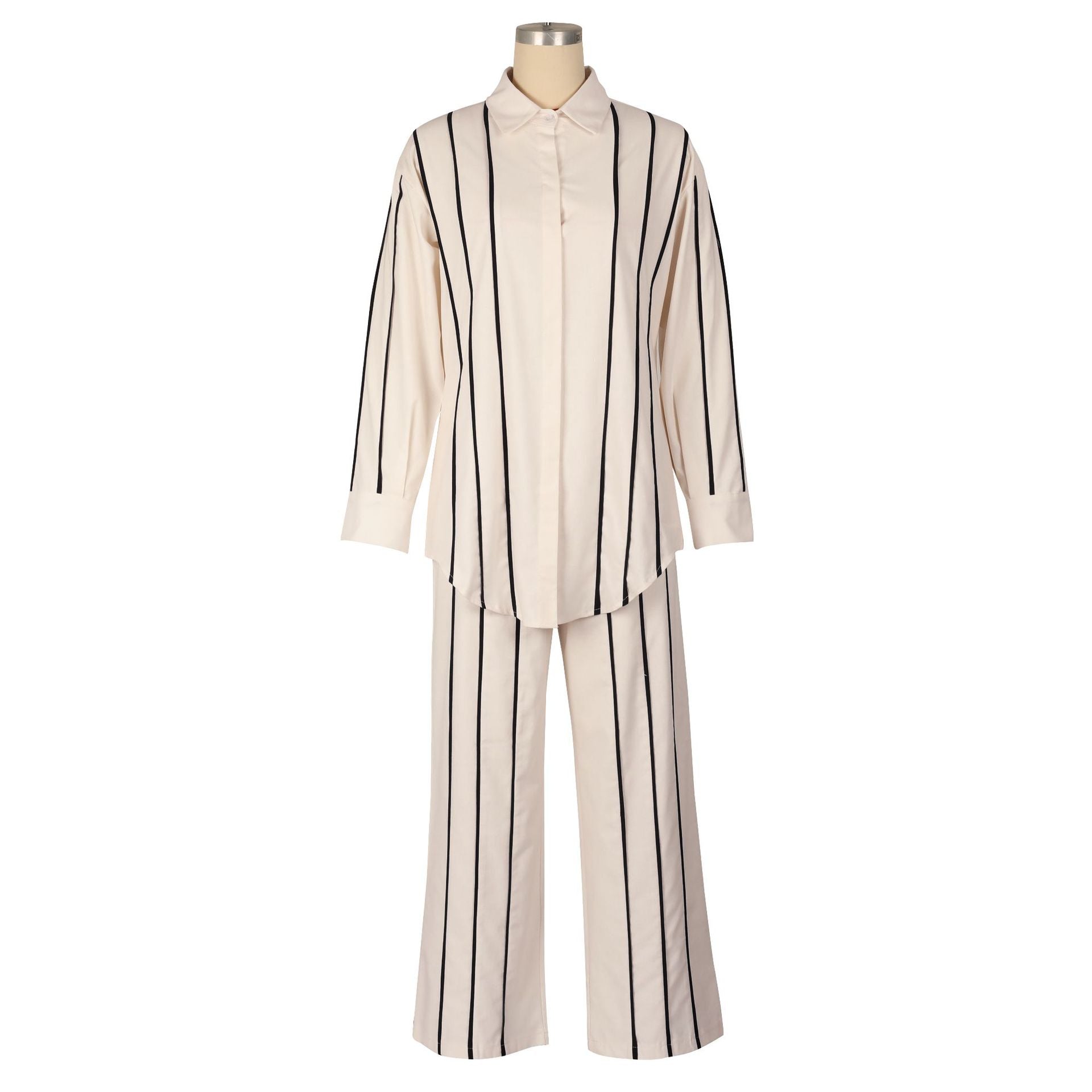 Women's Spring Autumn Stripes Patchwork Stripes Long Sleeve Linen Shirt Pants Two-Piece Set 8