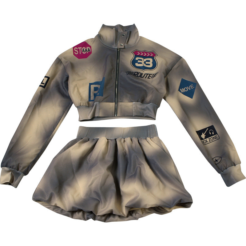 Autumn Women's Print Long-Sleeved Top Bodycon Short Skirt Two Piece Set 7