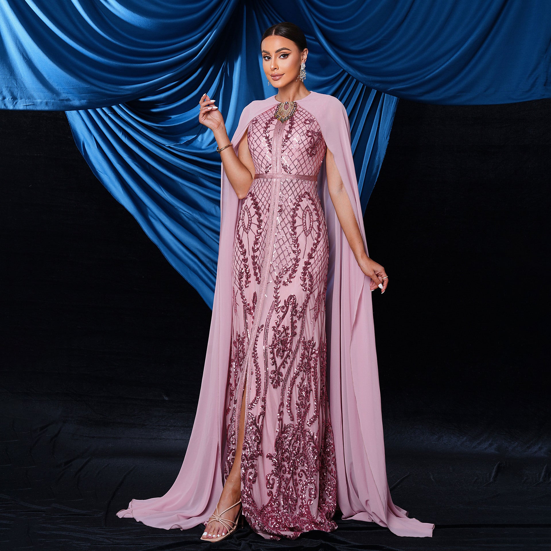 Women sexy Round Neck sequin Formal Party evening dress 5