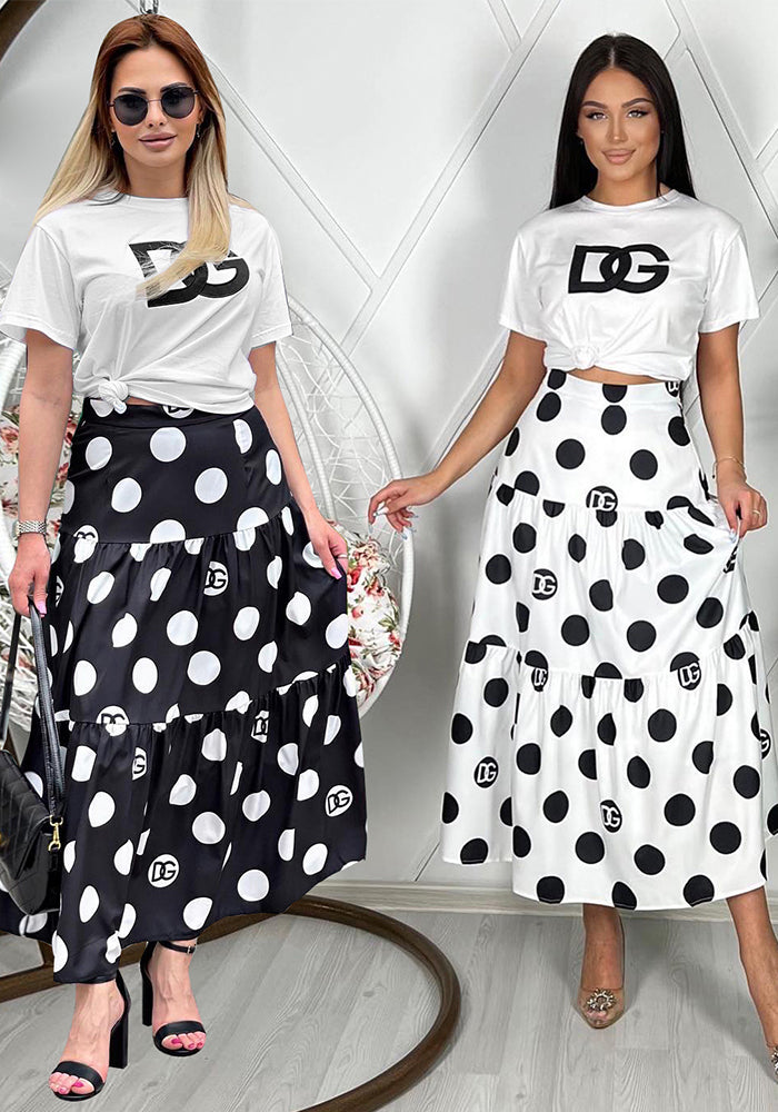 Women's Fashion Sexy Short Sleeve T-shirt Elegant Chic Print Flared Skirt Two-Piece Set