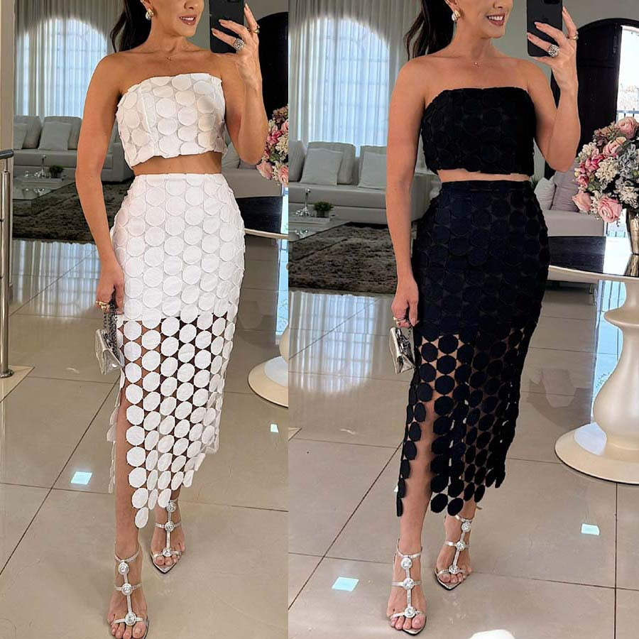 Spring Summer Strapless Split Casual Loose Holidays Two-Piece Skirt Set 4