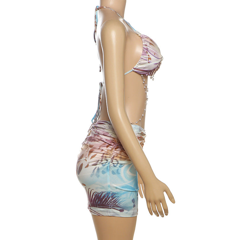 Women Summer Printed Sexy Halter Neck Backless Top and Skirt Two-piece Set 7