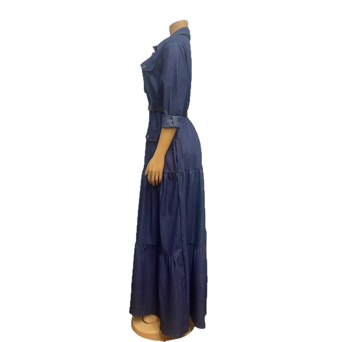 Women's Turndown Collar Metal Button High-Waist Denim Skirt 10