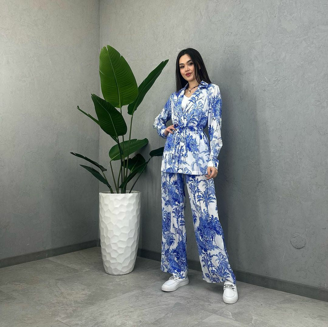 Women printed long-sleeved tie Top and Pant Casual two-piece set 5