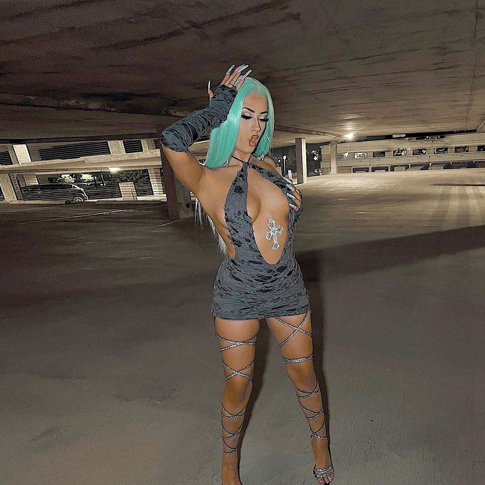 Women's Spring Ripped Halter Neck Low Back Slim Butt Lift Sexy Dress 3