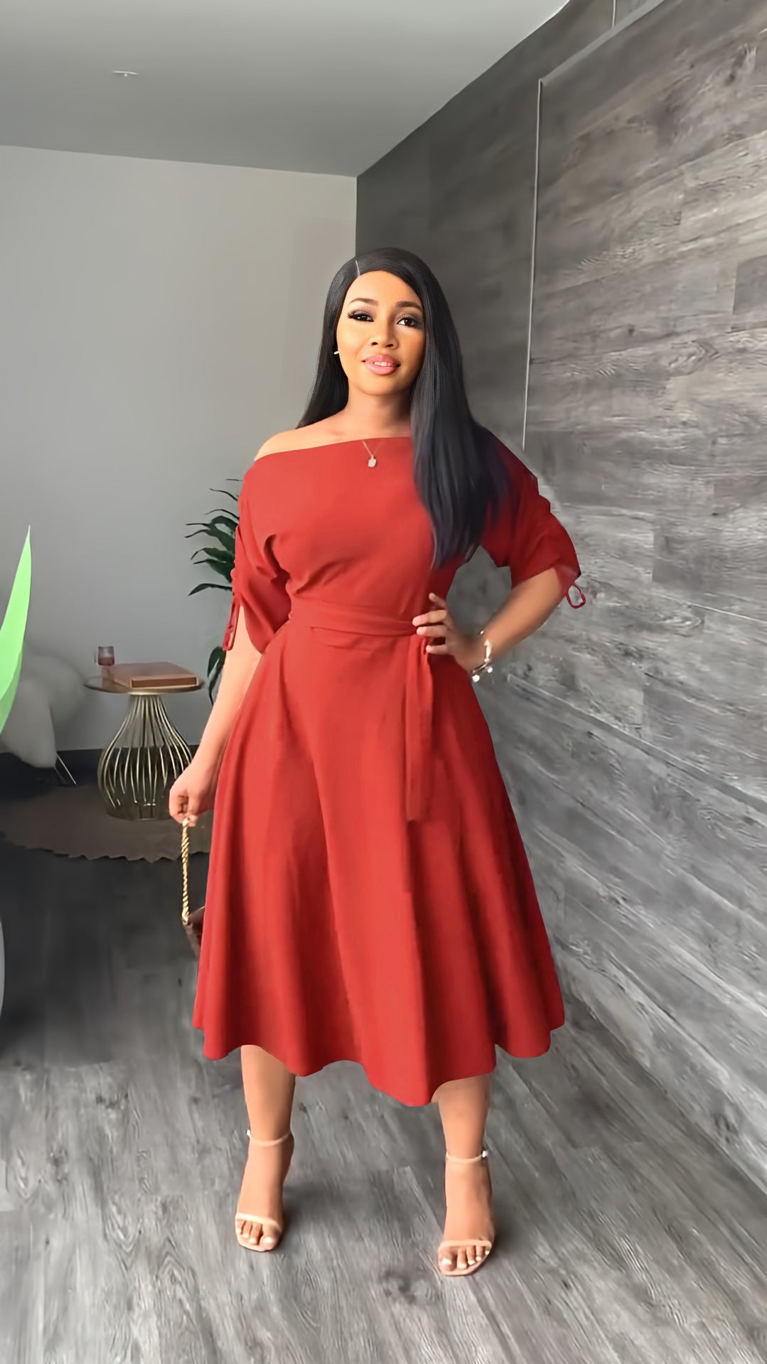 Slash-Shoulder Slim Waist Midi Casual Dress