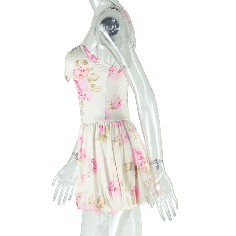 Women Summer Chic Fashion Print High Waist Short Strap A-Line Dress 7