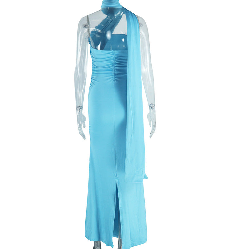 Women Sexy Backless Solid Halter Neck Slit Dress 12