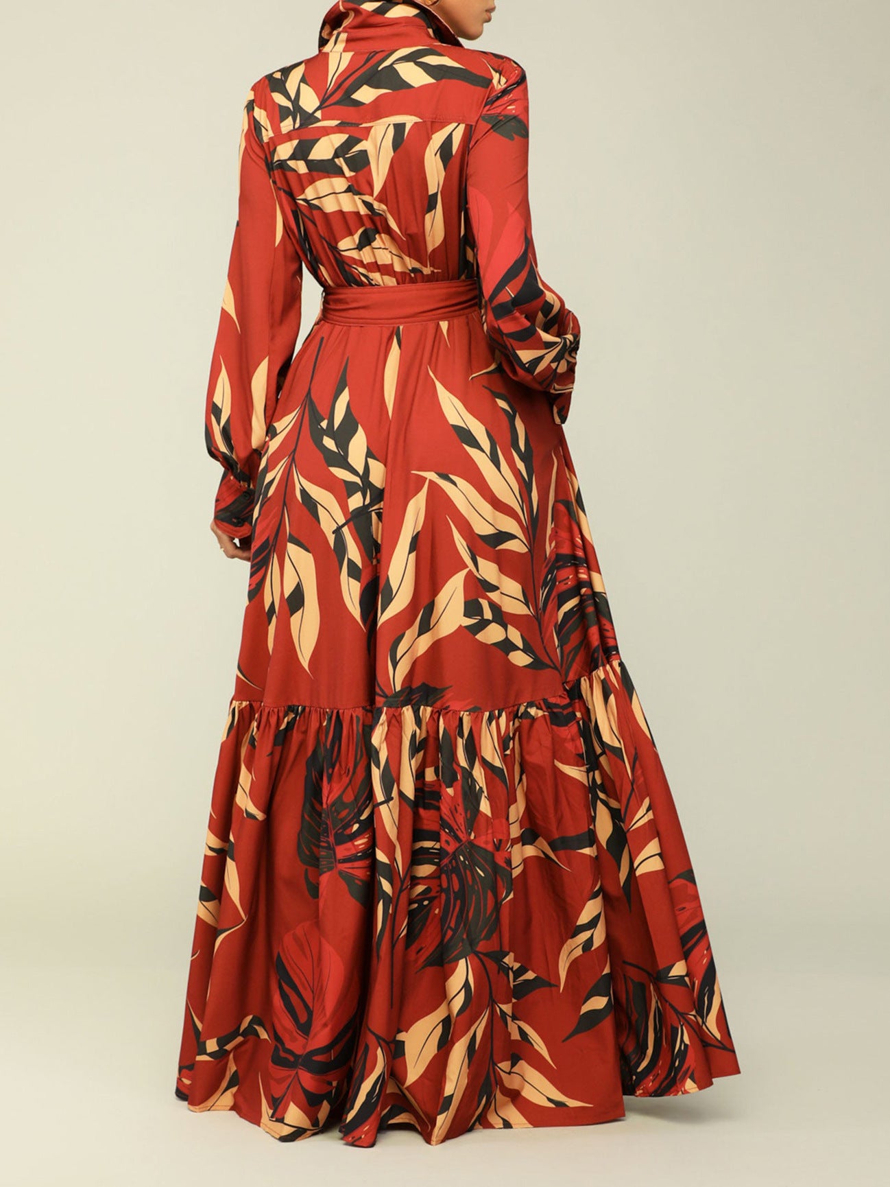 Women's Autumn Turndown Collar Belted Fashion Printed Long Sleeve Shirt Dress Long Dress 6