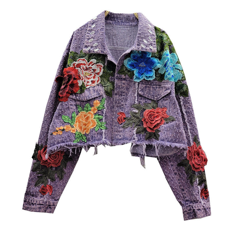 Women Spring Floral Raw Edge Casual Denim Jacket 6