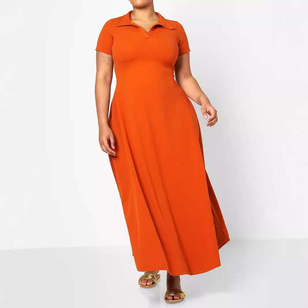 Women's Solid Color Turndown Collar Short Sleeve Loose Plus Size Dress