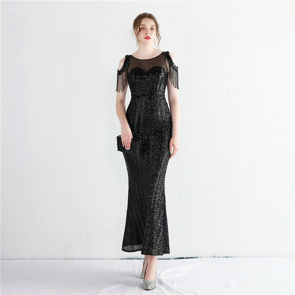 Women Symphony Sequin Strapless Short Sleeve Sequin Long Fishtail Evening Dress 9
