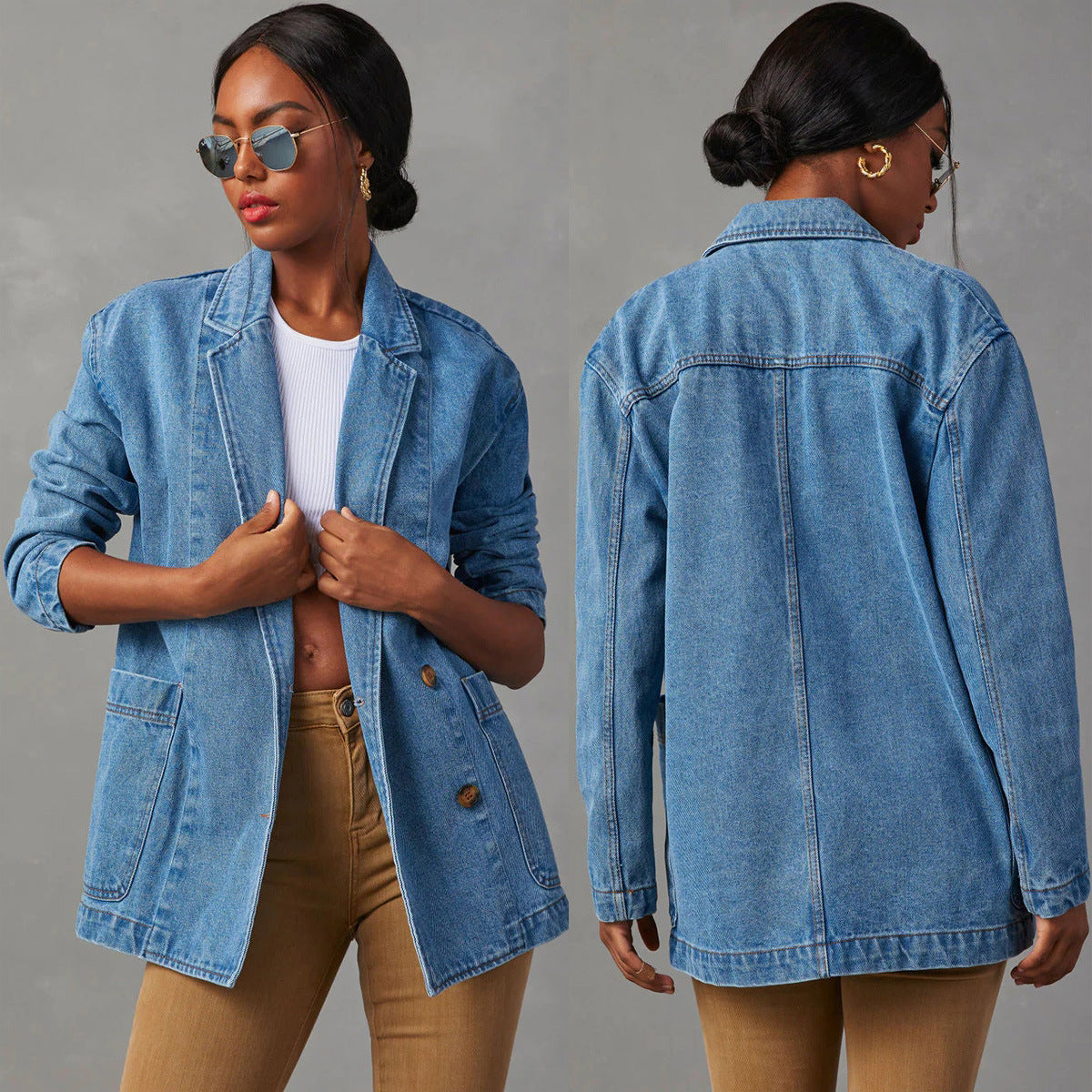 Fashionable Casual Washed Blue Denim Women's Blazer 3