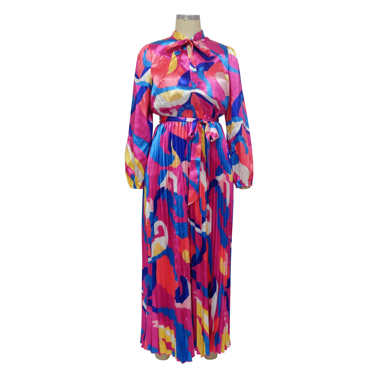 Women's Tie Long Sleeve Printed Pleated Dress 5