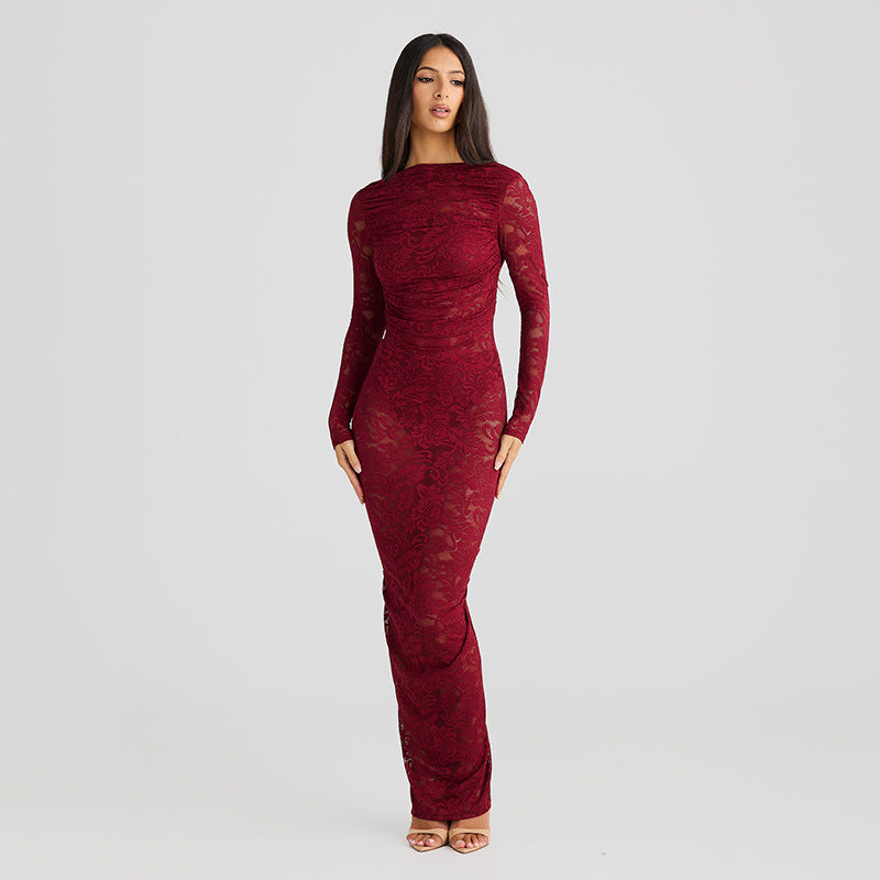 Women Lace Patchwork See-Through Backless Gathered Bodycon Dress 3