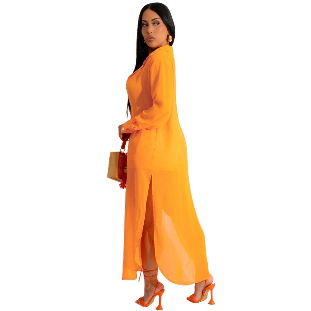 Women's Fashion Button Slit Casual Sexy See-Through Sun Protection Jacket And Shorts Two Piece Set 8