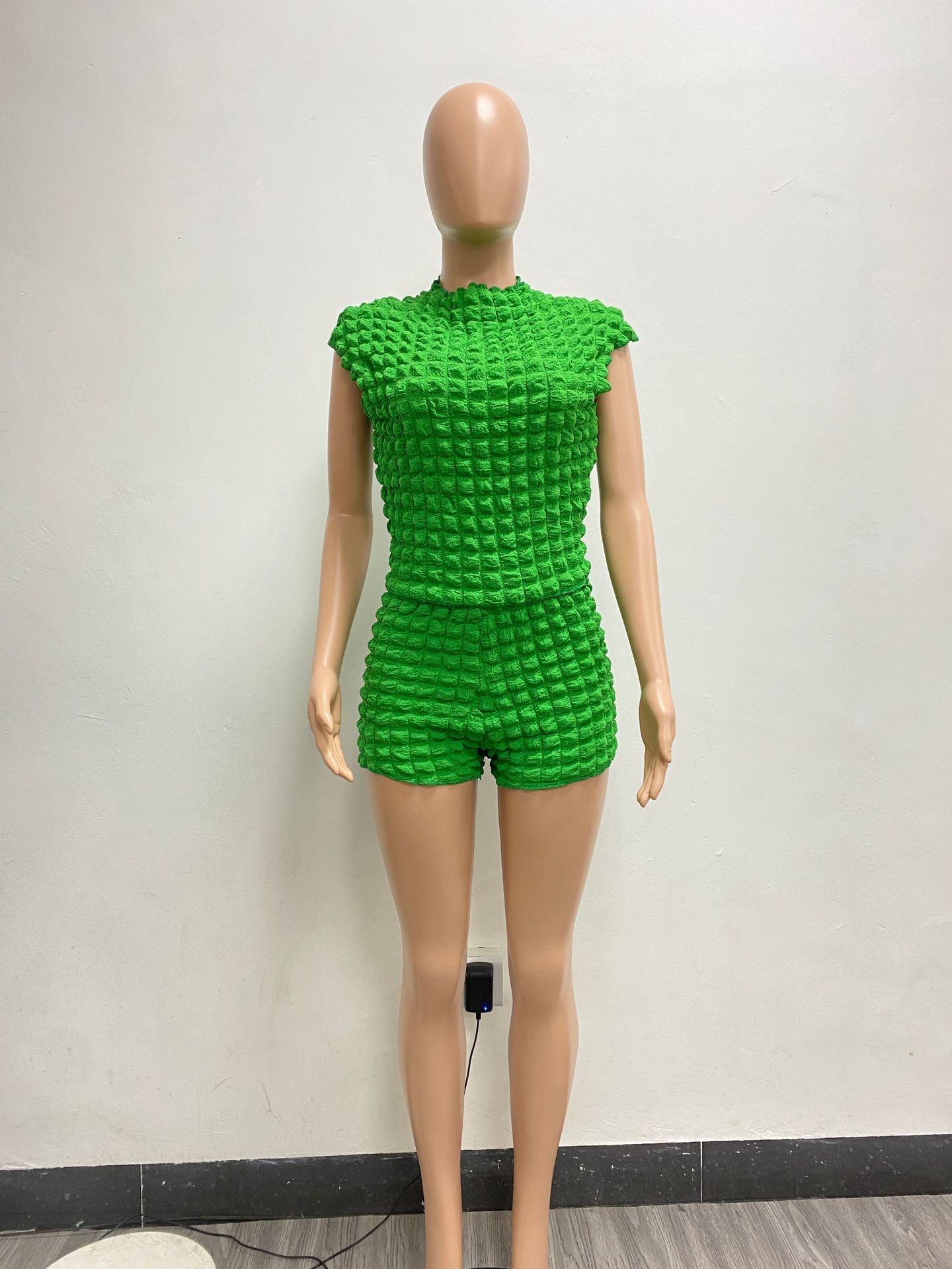 Women Casual Popcorn Sleeveless Top Short Two-Piece Set 15