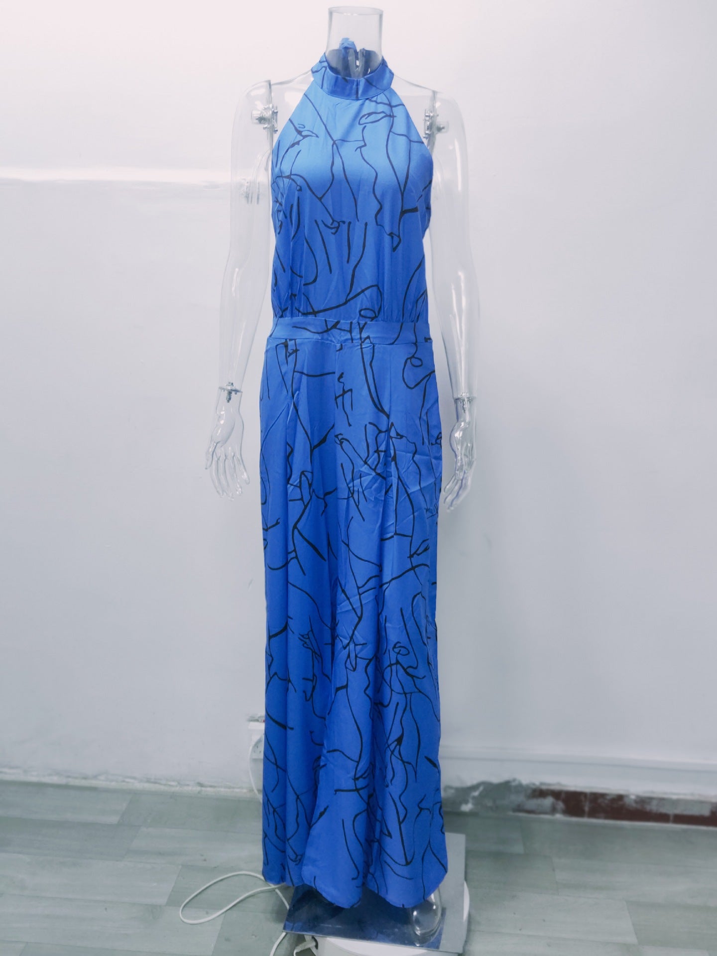 Summer Women Elegant Lace-Up Sleeveless Halter Neck Print Jumpsuit 34