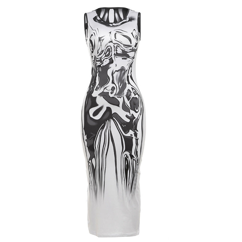 Autumn And Winter Trendy Women's Fashion Print Round Neck Sleeveless Bodycon Dress 7