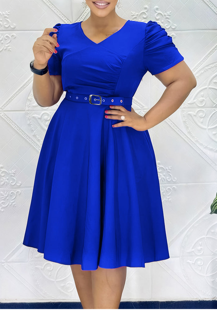 Women's Fashion Pleated Chic Elegant V-neck A-line African Dress