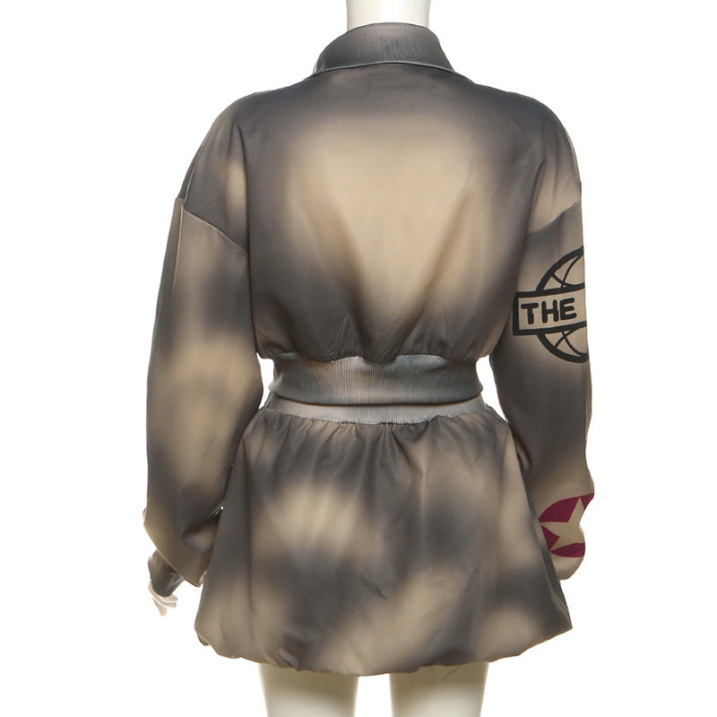 Autumn Women's Print Long-Sleeved Top Bodycon Short Skirt Two Piece Set 8