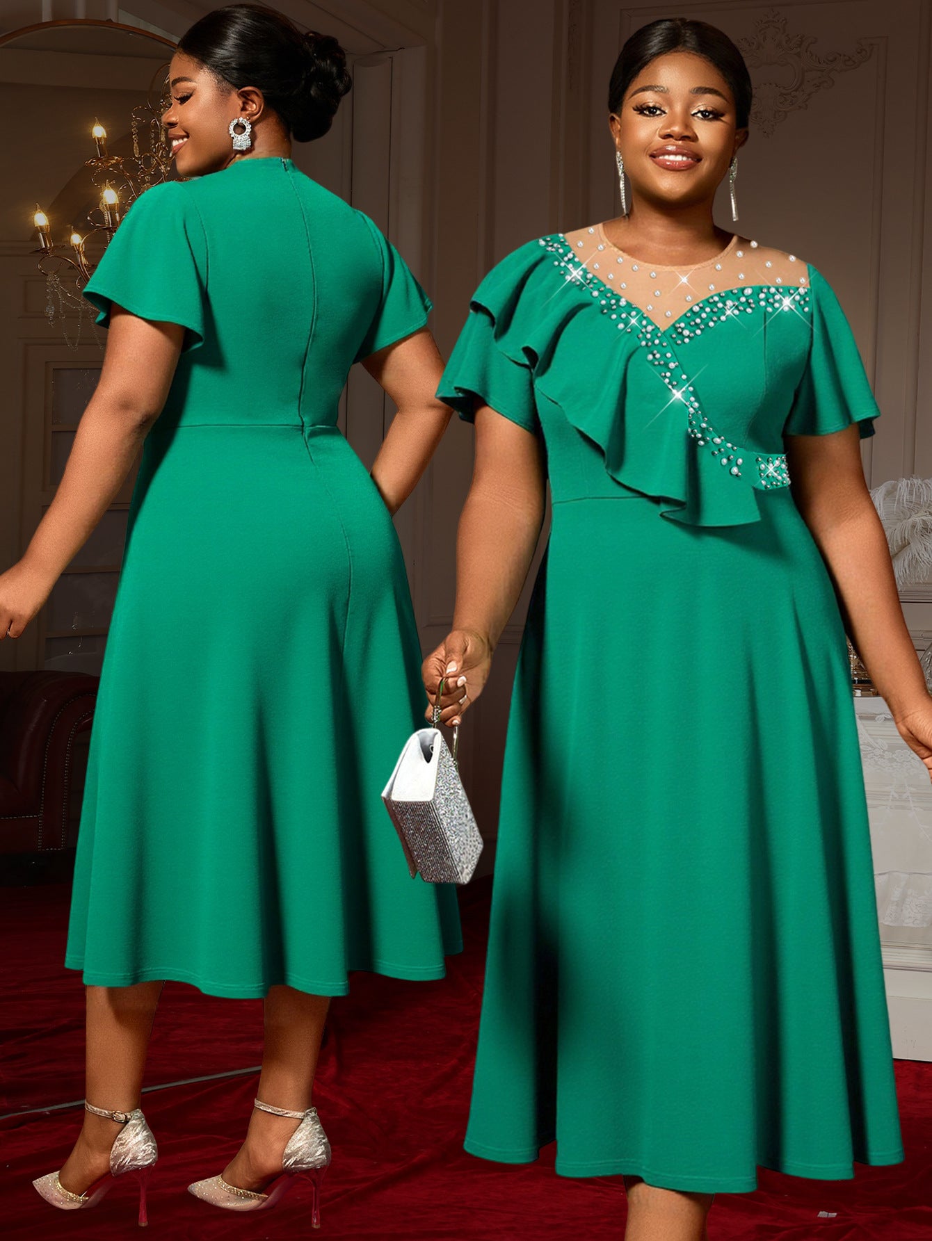 Plus Size Women's Flounce Short Sleeve Mesh Patchwork Rhinestone A-Line Elegant Dress