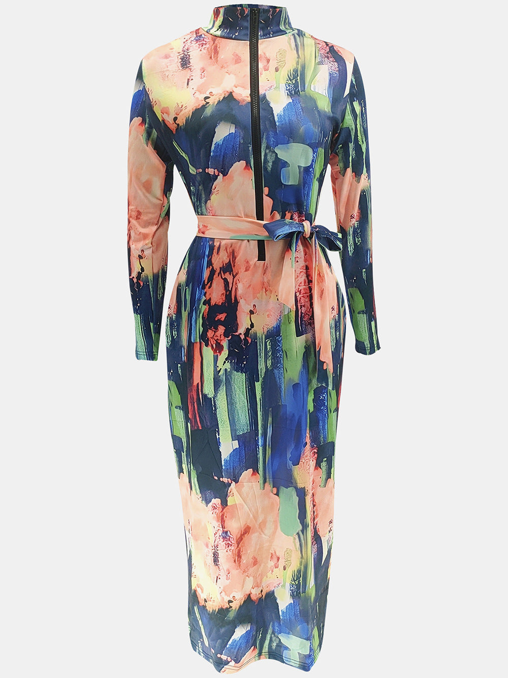 Women's Zipper Printed Long Sleeve Slim Dress With Belt 10