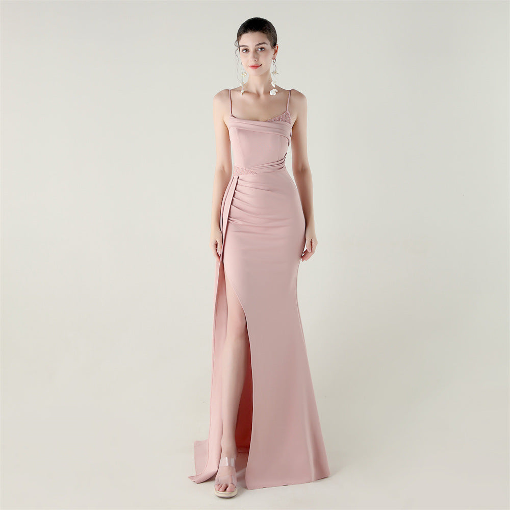 Women satin beaded chain fishtail slit evening dress 6