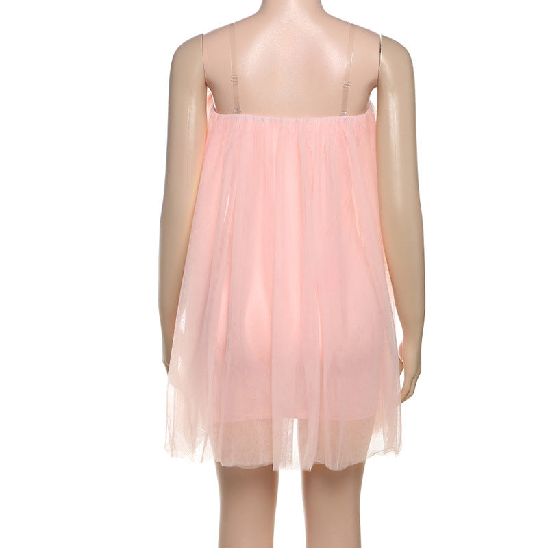 Summer Women's Mesh Puffy Dress Floral Strapless Dress 8