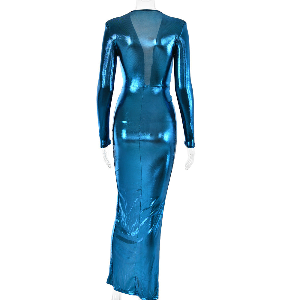 Sexy Chic V-Neck Long Sleeve Patchwork Pleated Leather Dress 17