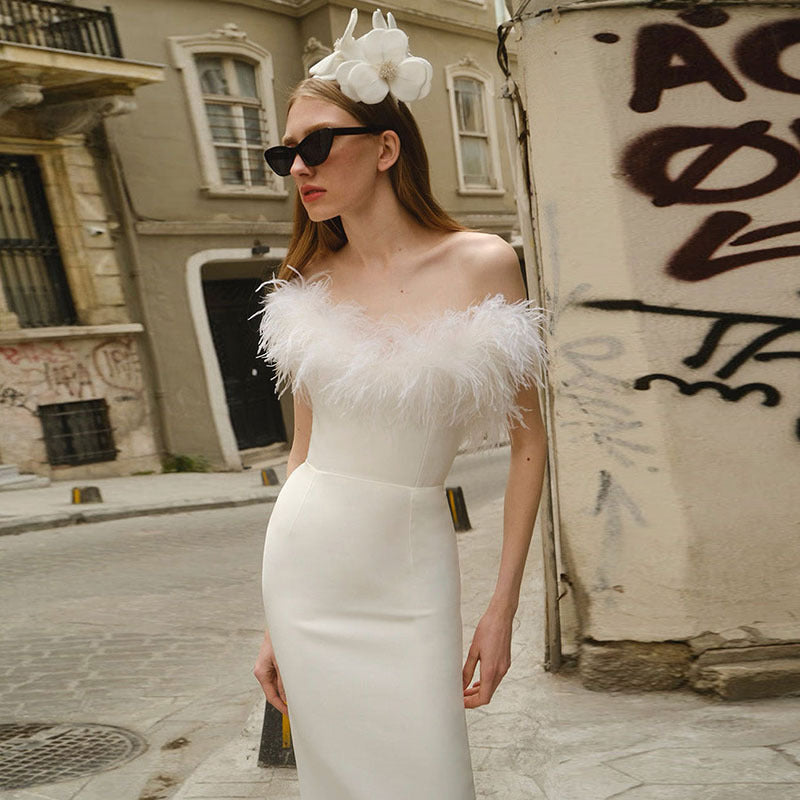 Spring Feather Deep V Sexy Tight Fitting Fashion Dress 5