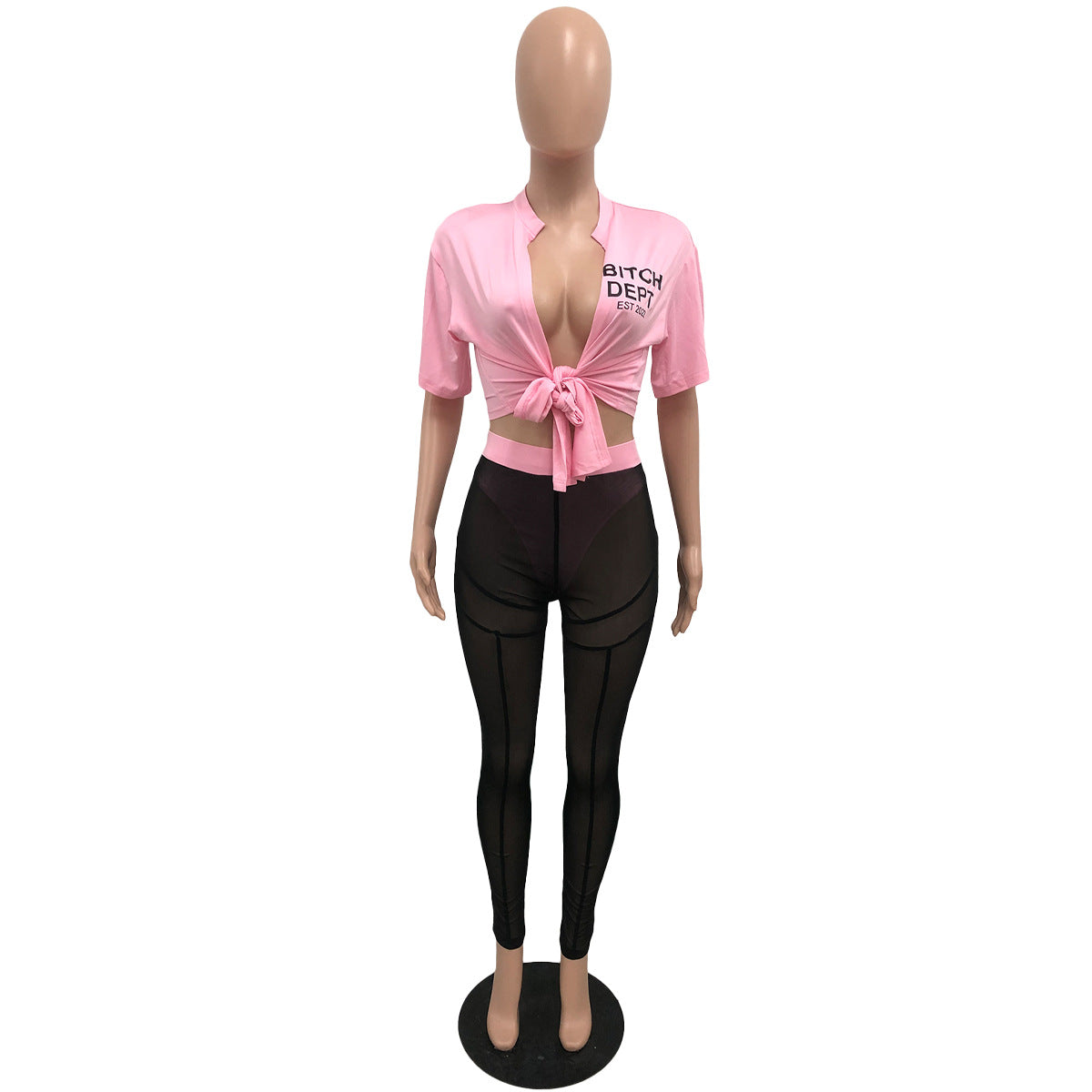 Fashion Sexy Lace-Up T-Shirt Mesh Pants Two-Piece Set 14